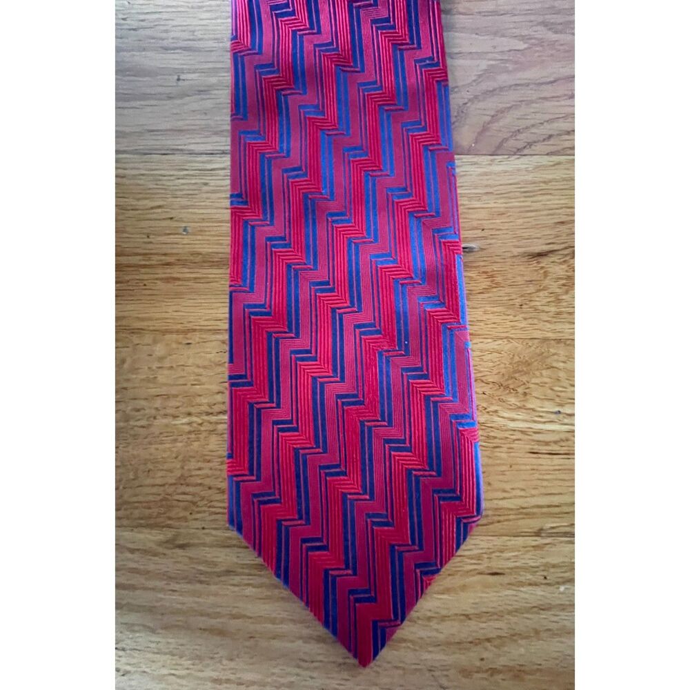 Vintage Handmade Italy 100% Silk Wide Tie Red Blue Geometric Zigzag 1990s
